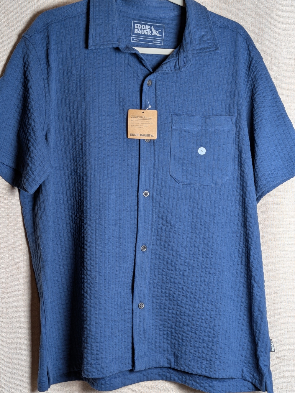 NWT Eddie Bauer Men's L Blue Seersucker Shirt